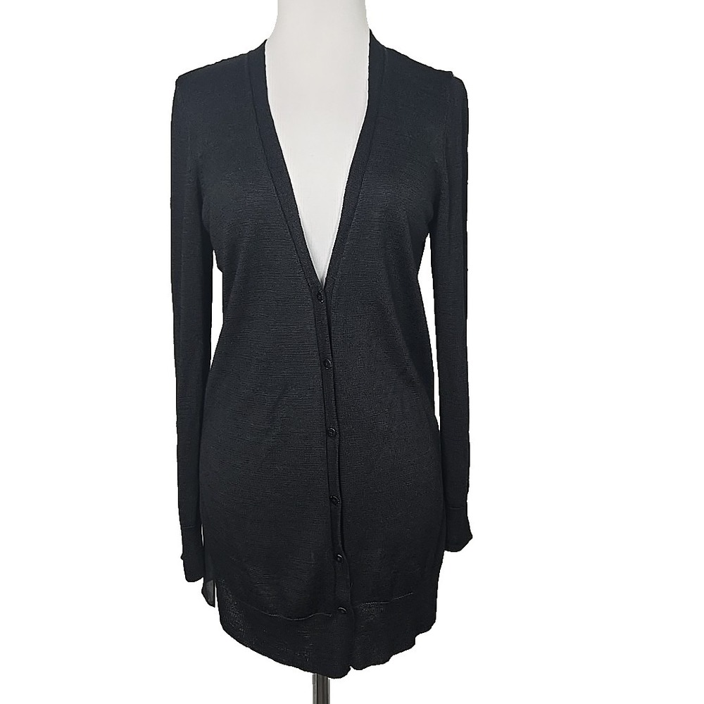 Nic + Zoe Black Silk Contrast Button Front Long Women's Cardigan Sweater Medium